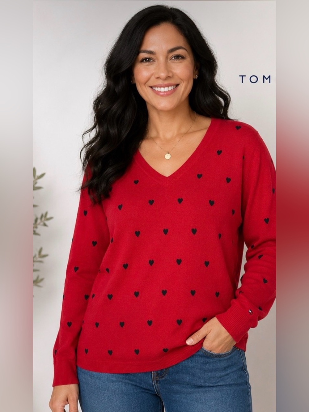 Tommy Hilfiger Women's Cotton Heart V-Neck Sweater Size Large